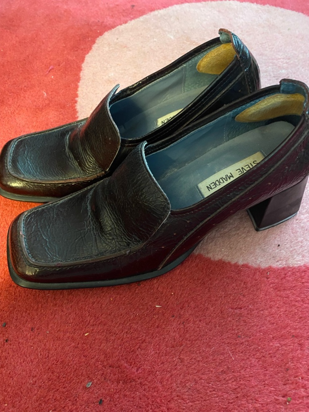 Steve Madden Wine Leather Square-Toe Block Heel Loafers